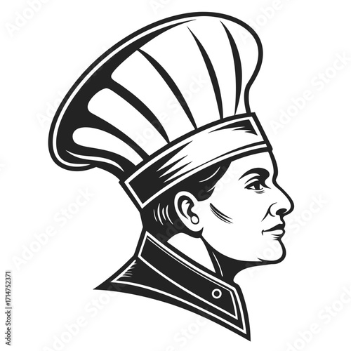 Classic black and white profile illustration of a chef wearing a tall toque hat and uniform