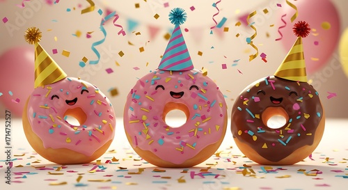 Three adorable cartoon donuts with smiling faces wear party hats during a festive birthday celebration with confetti.