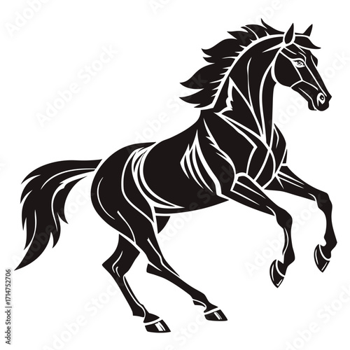Stylized black silhouette of a powerful horse rearing up with flowing mane and tail on a white background