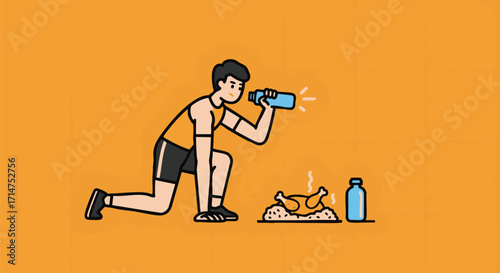 Hydration Break Cartoon Athlete Pausing Mid-Workout with Roasted Turkey