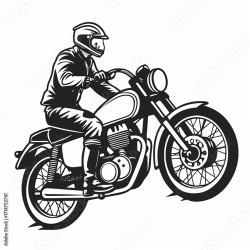 Stylized black and white illustration of a rider on a classic motorcycle in motion