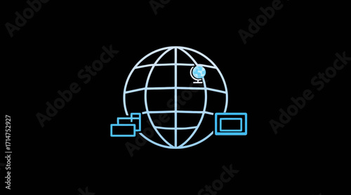 A glowing blue line art illustration of a globe with screens, representing global connection and technology.