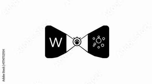 Black and white bow tie logo with initials and abstract design elements.
