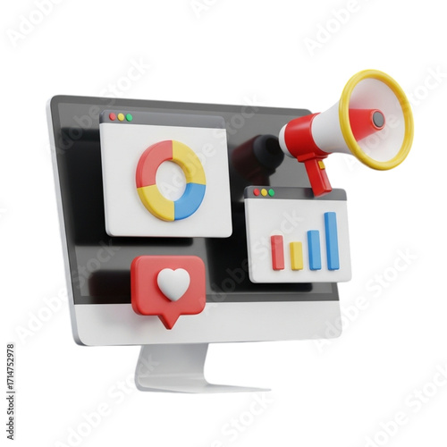 Digital marketing success illustrated by a computer screen displaying analytics and a megaphone
