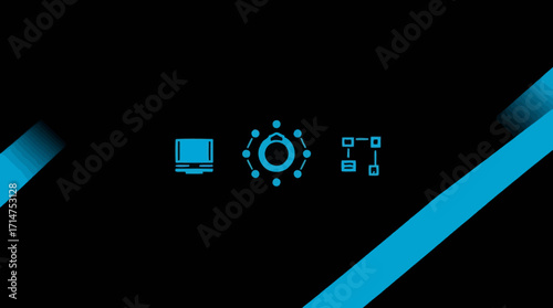 Abstract digital design featuring computer, control, and grid icons, set against diagonal blue lines on black background.