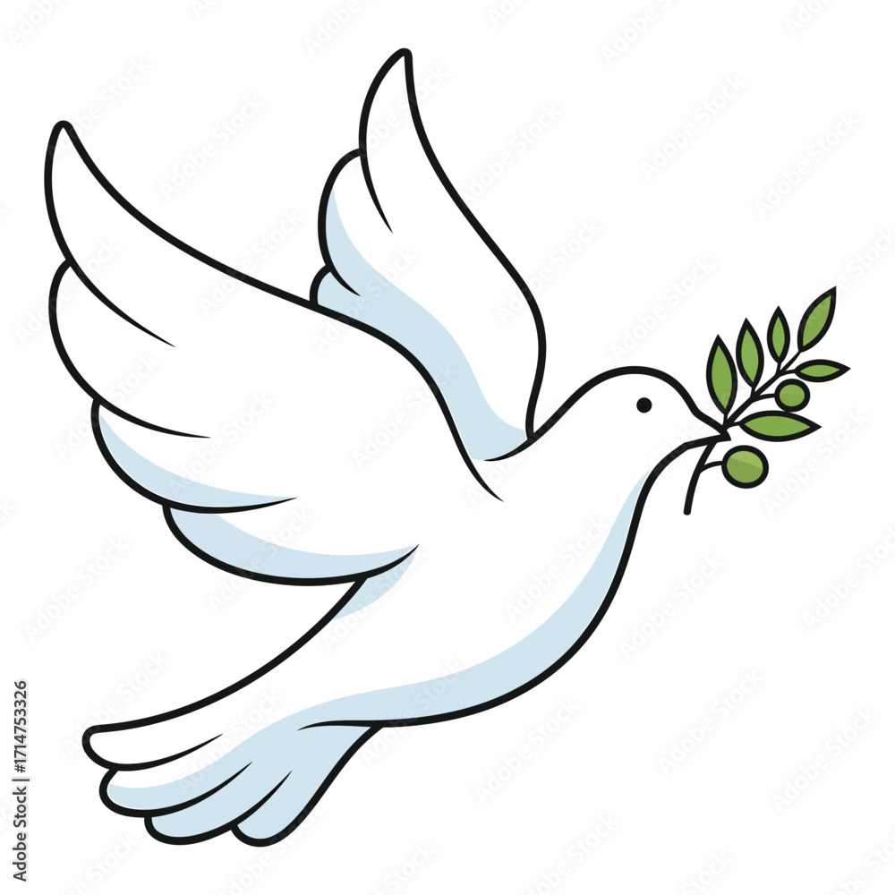 Obraz premium White dove with green olive branch in beak flying against white background bird vector