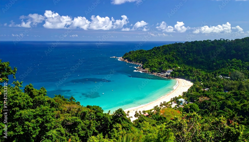 Naklejka premium Panoramic view of a tropical beach nestled within lush green hills, showcasing vibrant turquoise water and white sand.