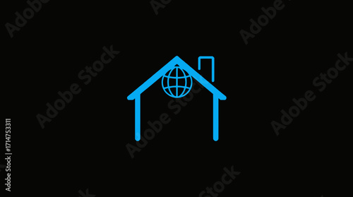 Minimalist blue icon of a house silhouette with a globe inside, set against a solid black background.