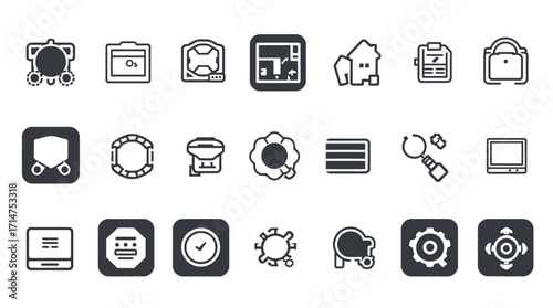 Collection of simple, black and white line icons representing various objects and concepts.