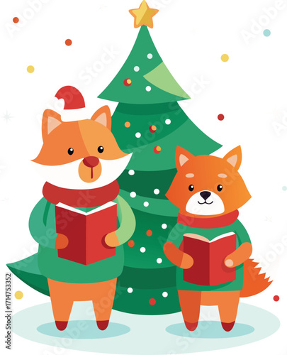 Cute foxes singing christmas carols by a decorated tree