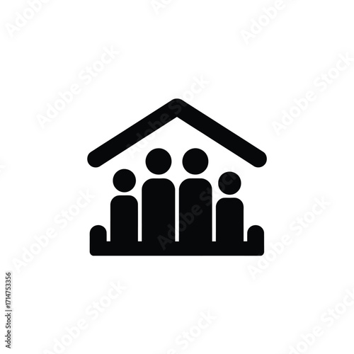 Simple black silhouette icon of a family under a roof symbolizing home and shelter