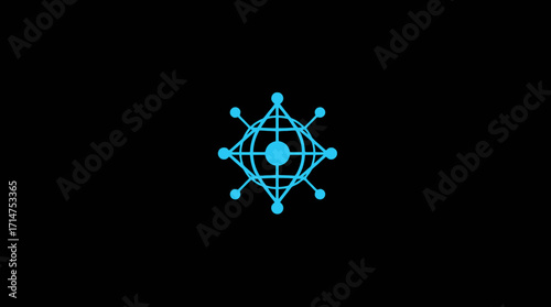 A stylized, geometric design featuring a central sphere connected by lines and dots.
