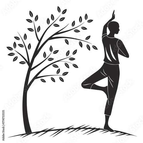 Serene silhouette of a person practicing yoga tree pose on a clean white background