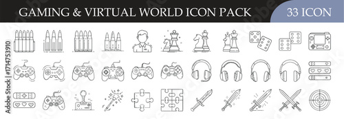 Gaming and virtual world icon set collection - Pack of 33 outline icons showcasing gaming and virtual world elements such as controllers, headsets, avatars, strategy boards, weapons, and fantasy