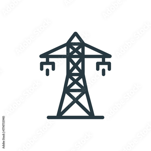 Modern minimalist line art icon of a tall electricity pylon on white background