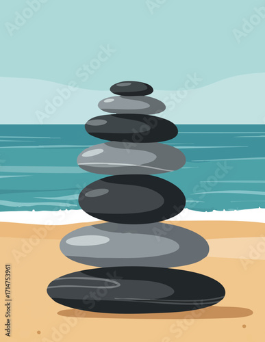 Peaceful cartoon illustration of a stone pyramid on a tranquil beach, symbolizing balance, wellness, and meditation by the sea