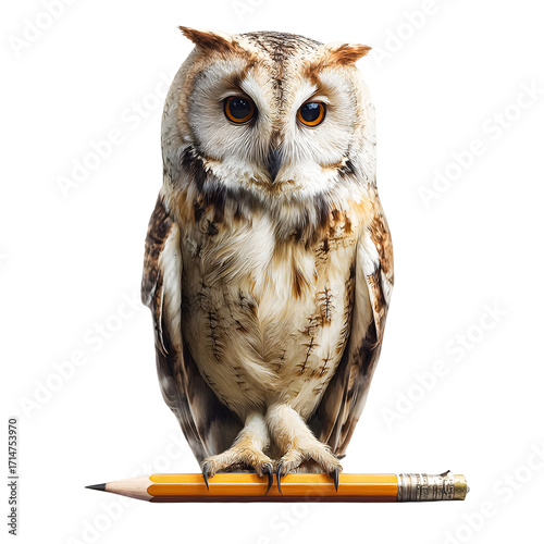 Wise owl perched on a yellow pencil showcasing knowledge and intelligence isolated on transparent background