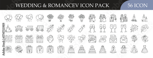 Wedding and romance icon set collection - Pack of 56 outline icons featuring wedding and romantic elements such as rings, bouquets, couples, cakes, champagne, and gifts, ideal for love, marriage