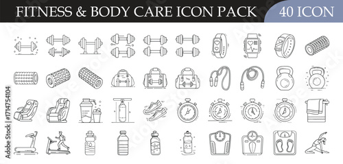 Fitness and body care icon set collection - Pack of 40 outline icons featuring dumbbells, exercise mats, gym equipment, massage chairs, and wellness items for fitness, health, and body care projects.
