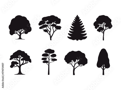 Vector illustration of black oak tree, realistic silhouette with dense foliage and wide canopy, isolated design element for outdoor, nature, and environmental projects.