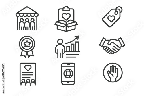 Franchise Engagement Icons. Line style icons of Franchise Community Engagement: Local event icon, charity drive file, sponsorship