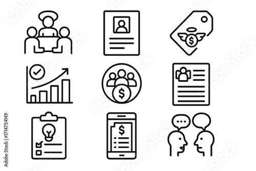 Angel Investment Icons. Line style icons of Angel Investment Clubs: Club meeting icon, member roster file, investment pool tag,