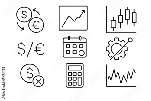 Forex Trading Icons. Line style icons of forex trading: currency exchange, forex chart, candlestick pattern, currency pair display