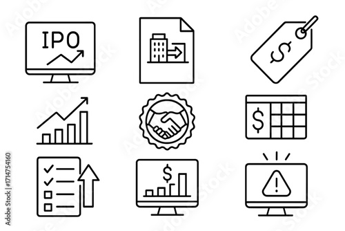 Exit Strategy Icons. Line style icons of Exit Strategies for Angels: IPO icon, company acquisition file, secondary market tag,