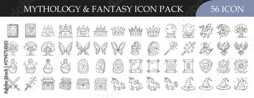 Mythology and fantasy icon set collection - Pack of 56 outline icons featuring crowns, swords, potions, wings, shields, and magical creatures for fantasy, legends, and mythology projects.
