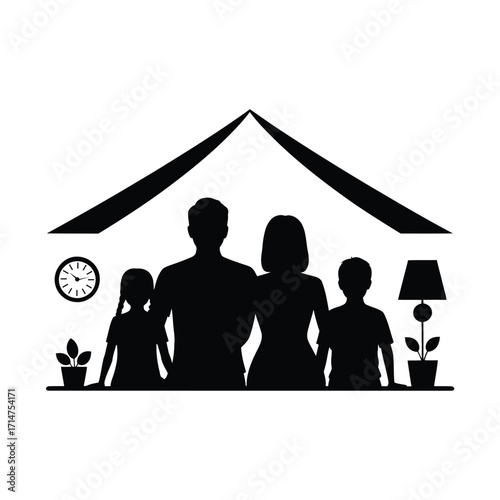 Silhouette of a loving family of four inside a stylized house shape