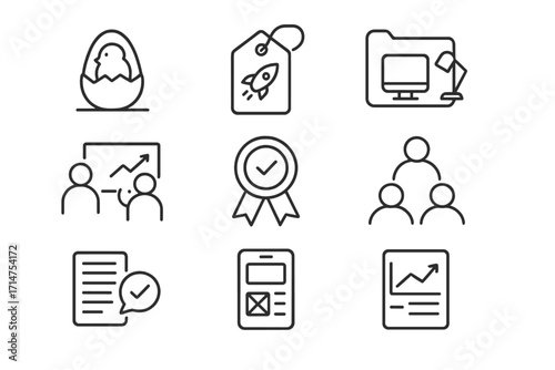 Startup Support Icons. Line style icons of Early-Stage Startup Support: Incubator program icon, accelerator tag, co-working space