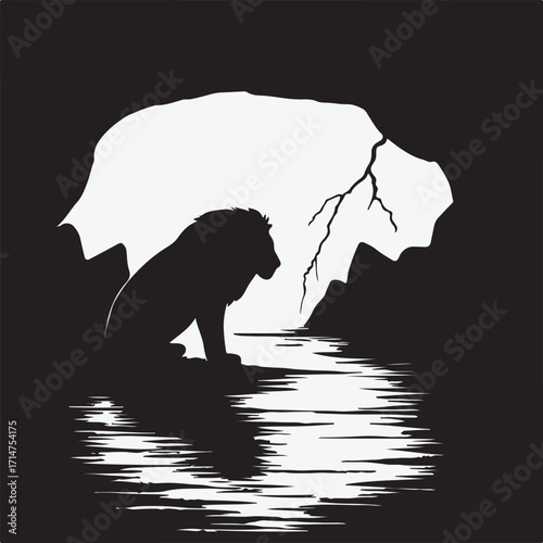 Lion Silhouette Inside Human Face Double Exposure Vector with Reflection and Tree Branch