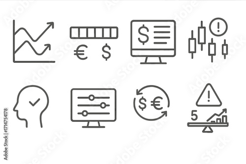 Forex Trading Icons. Line style icons of forex trading: economic divergence icon, currency strength meter, forex news ticker,