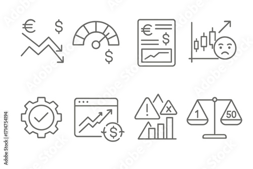 Forex Trading Icons. Line style icons of forex trading: economic divergence icon, currency strength meter, forex news ticker,
