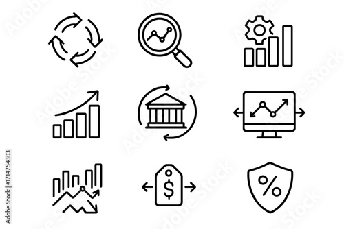 Private Equity Icons. Line style icons of private equity: sector rotation icon, macro trend analysis, industry benchmarking,