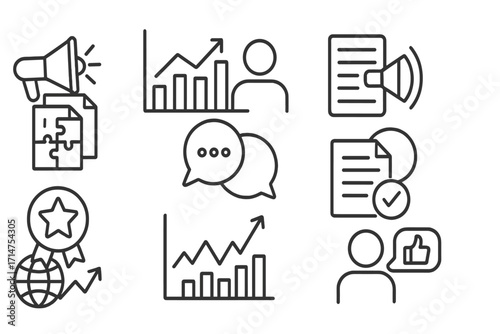 M&A Line Icons. Line style icons of mergers & acquisitions: M&A announcement, investor reaction chart, press release icon, media