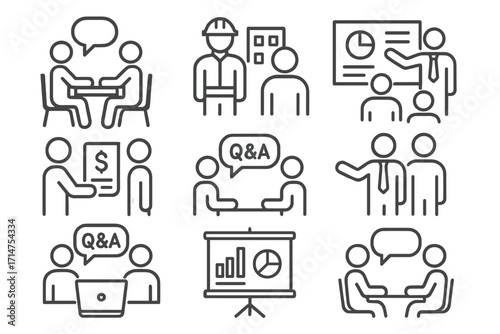 M&A Icon Series. Line style icons of mergers & acquisitions: buyer-seller meeting, site visit icon, management presentation,