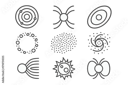 Astrophysics Icons Set. Line style icons of astrophysics: solar system model, heliosphere symbol, planetary orbit map, asteroid