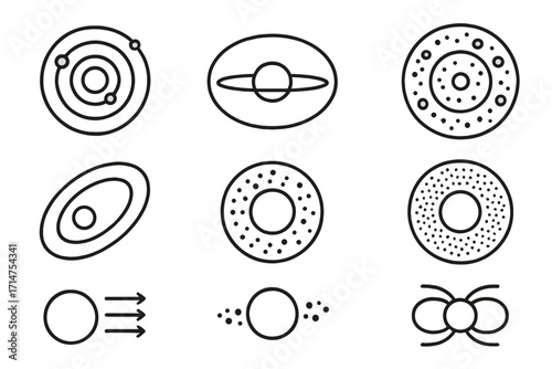 Astrophysics Icons Set. Line style icons of astrophysics: solar system model, heliosphere symbol, planetary orbit map, asteroid