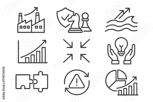 Mergers & Acquisitions Icons. Line style icons of mergers & acquisitions: industry consolidation icon, competitive advantage,