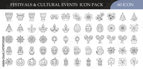Festivals and cultural events icon set collection - Pack of 60 outline icons featuring lanterns, masks, candles, decorations, pumpkins, and traditional symbols for holidays, celebrations

