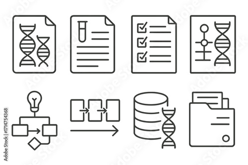Genetic Engineering Icons. Line style icons of genetic engineering: laboratory record icon, experiment log, protocol checklist,