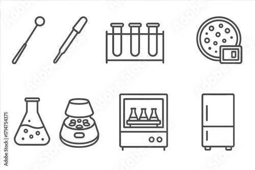 Microbiology Lab Icons. Line style icons of microbiology: inoculating loop, pipette icon, test tube rack, colony counter, culture