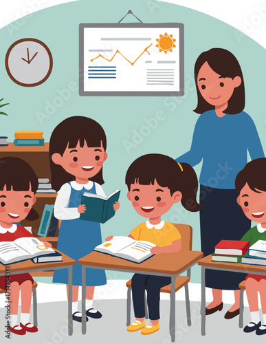 Smiling elementary school students reading books in a vibrant classroom with their supportive teacher