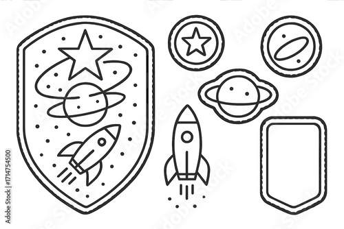 Space Exploration Icons. Line style icons of space exploration: mission patch design, emblem badge, crew insignia, symbolic star