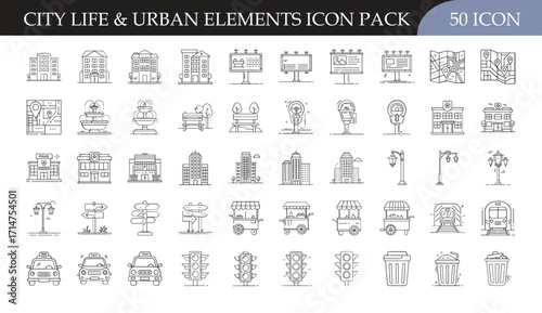 City life and urban elements icon set collection - Pack of 50 outline icons including buildings, streets, billboards, lights, trees, and transportation symbols for city, urban planning, and lifestyle 