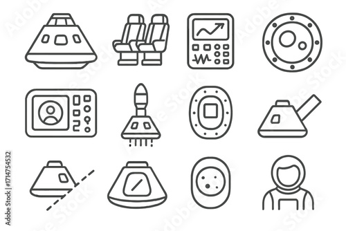 Space Exploration Icons. Line style icons of space exploration: command module, crew seats, flight control system, capsule