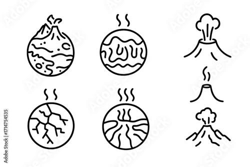 Exoplanet Volcanic Icons. Line style icons of exoplanets: volcanic exoplanet, lava world icon, molten surface, plume eruption,