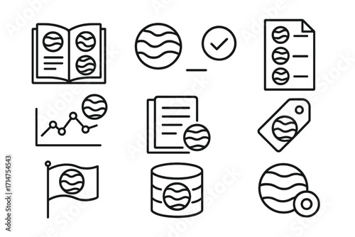 Exoplanet Line Icons. Line style icons of exoplanets: exoplanet catalog, confirmed detection icon, candidate list, survey chart,