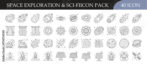Space exploration and science fiction icon set collection - Pack of 40 outline icons featuring planets, rockets, satellites, galaxies, and futuristic elements for astronomy, sci-fi, and space research